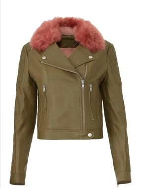 Samantha SIPOS Olive Green Leather Moto Jacket with Pink Faux Fur Collar